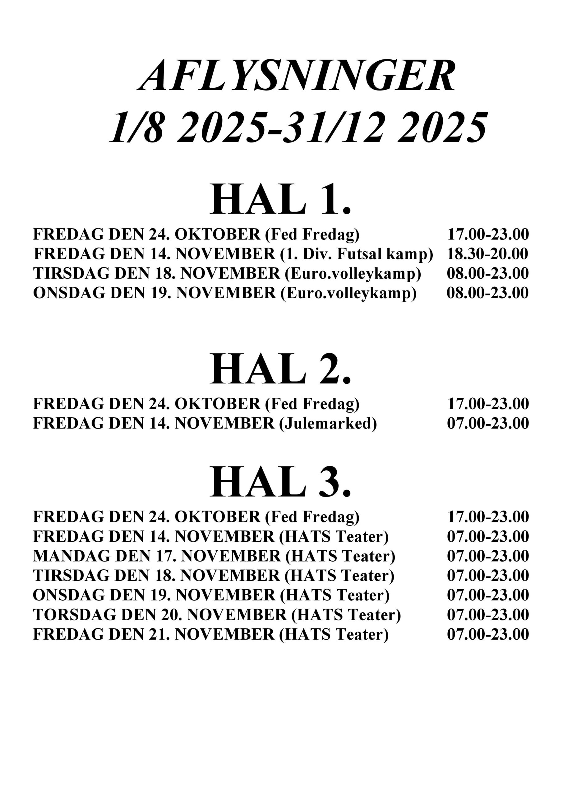 Helle Hallen aflysninger 2025