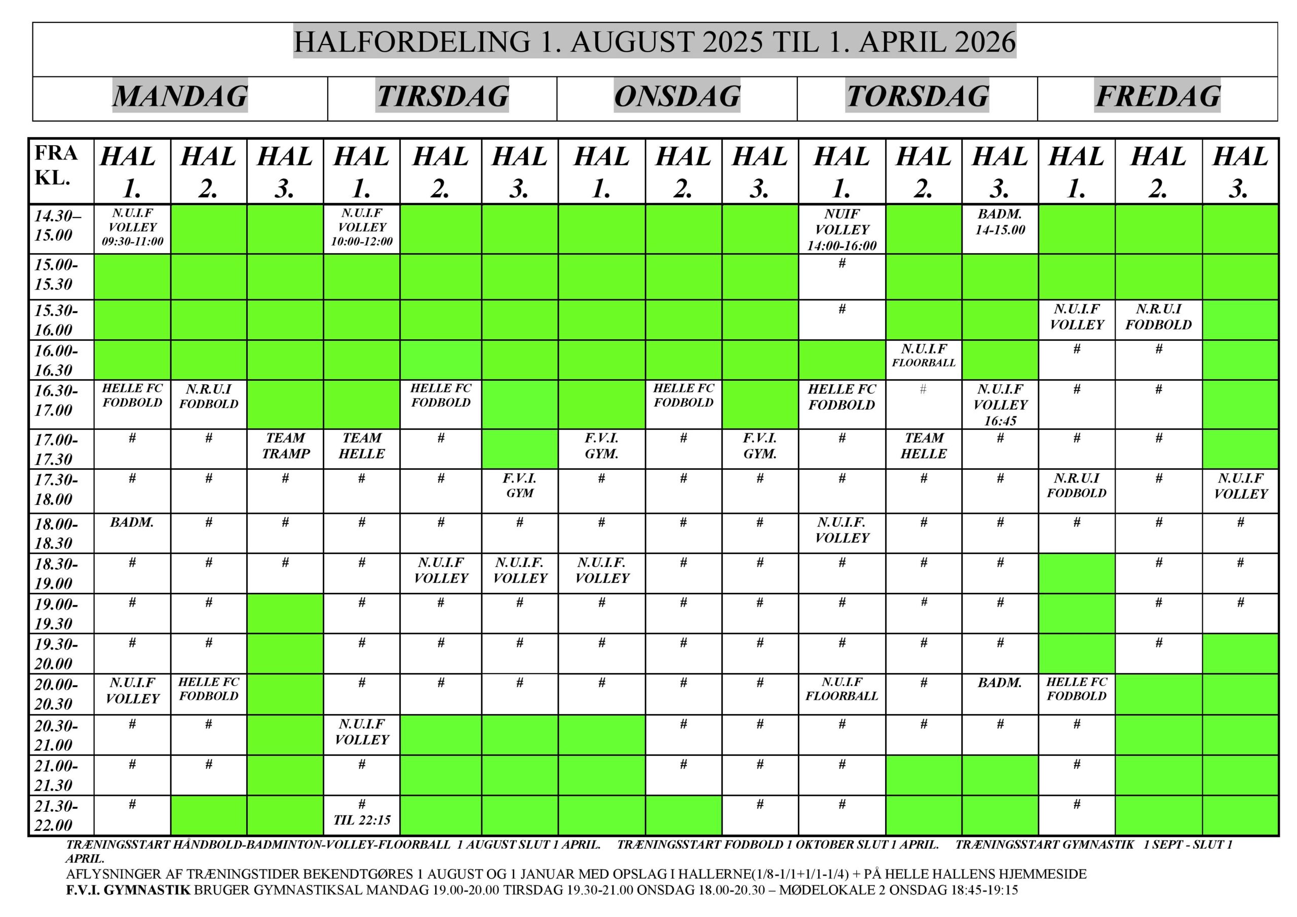 Halfordeling Helle Hallen Sæson 2024- 2025