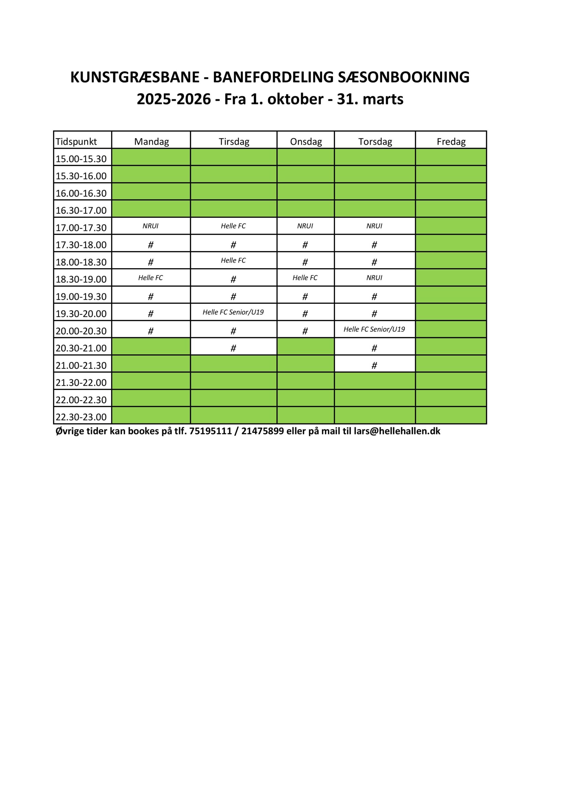 Kunstgræsbane - banefordeling 2025-2026