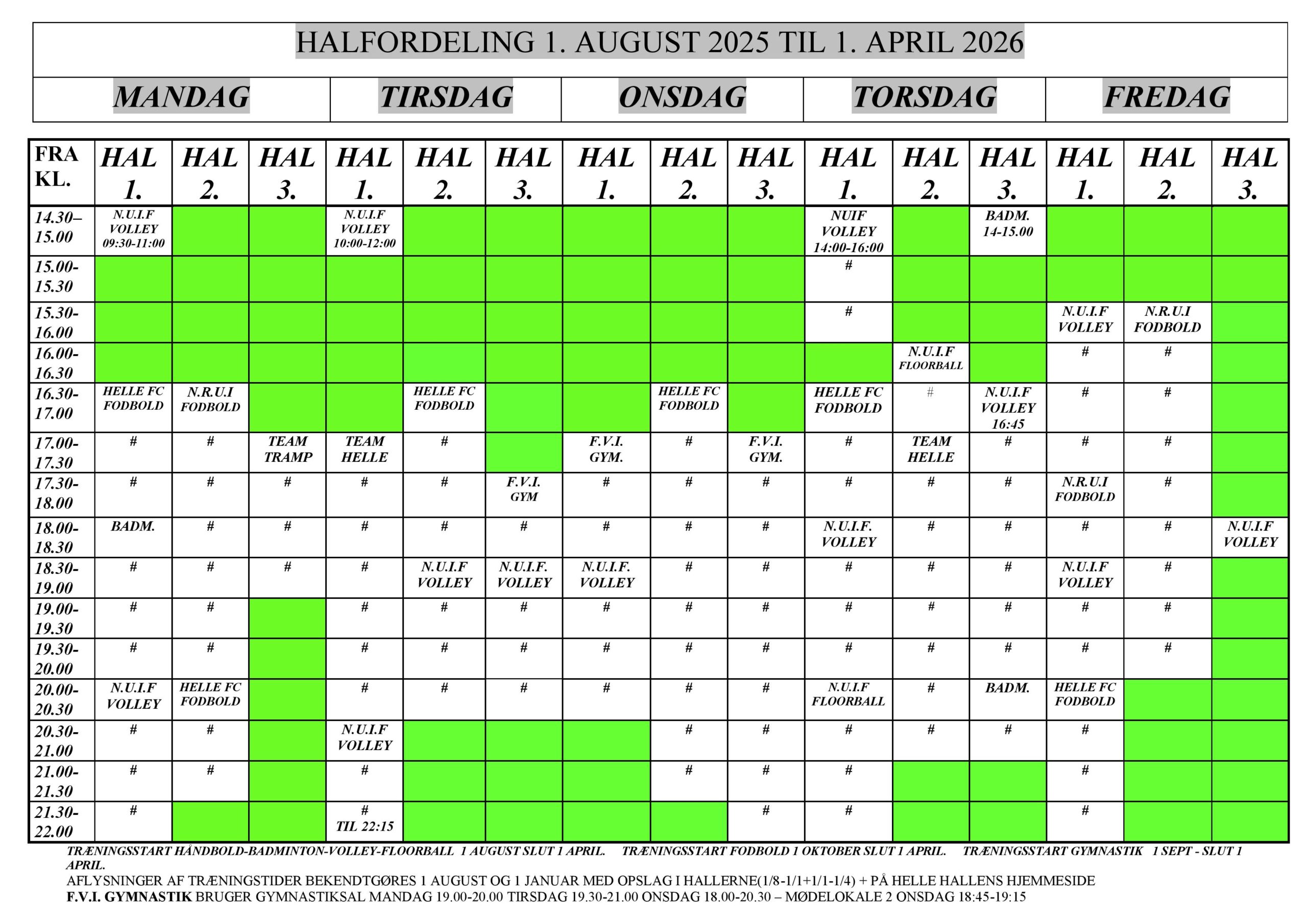 Halfordeling Helle Hallen Sæson 2024- 2025