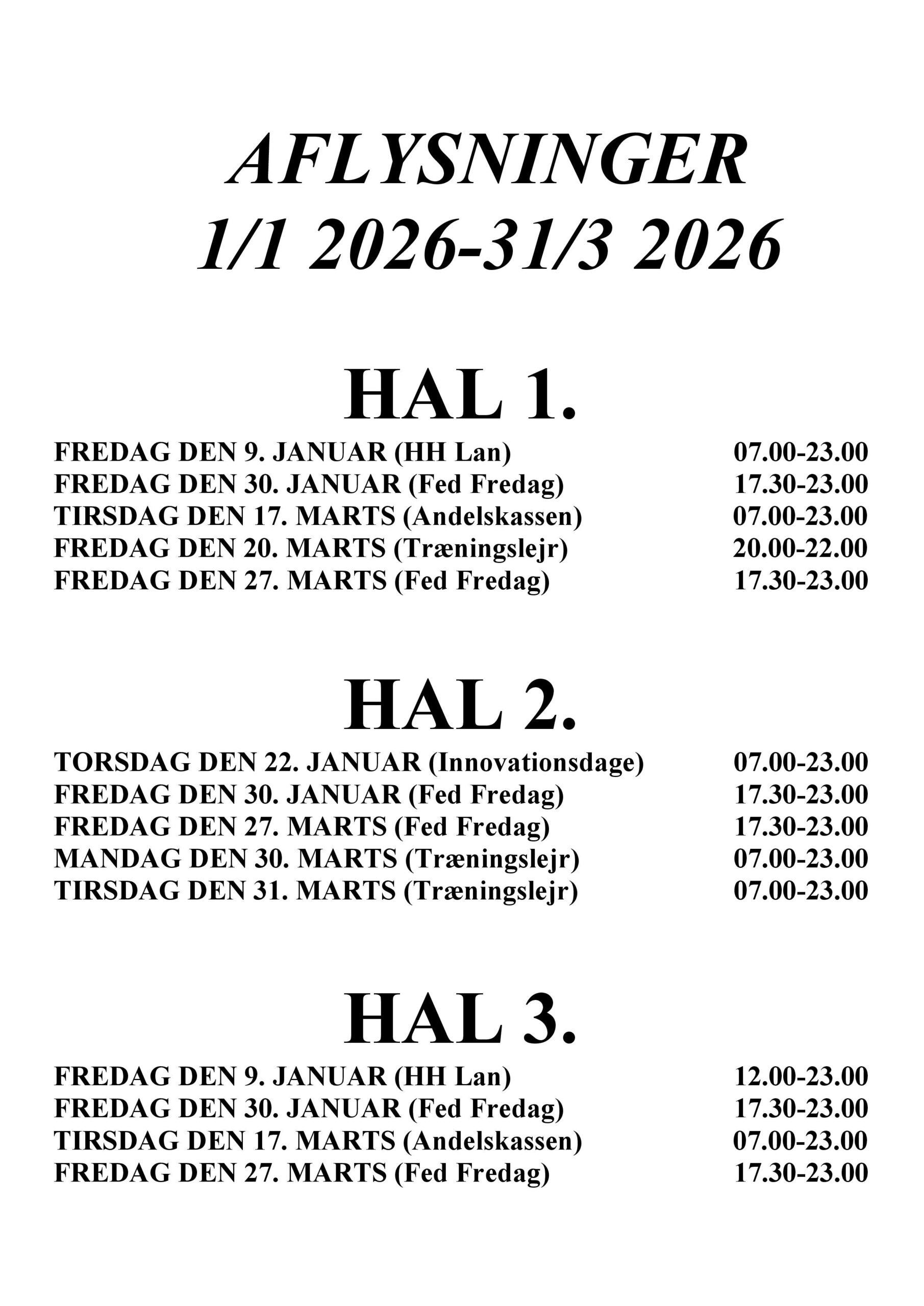 Helle Hallen aflysninger 2025
