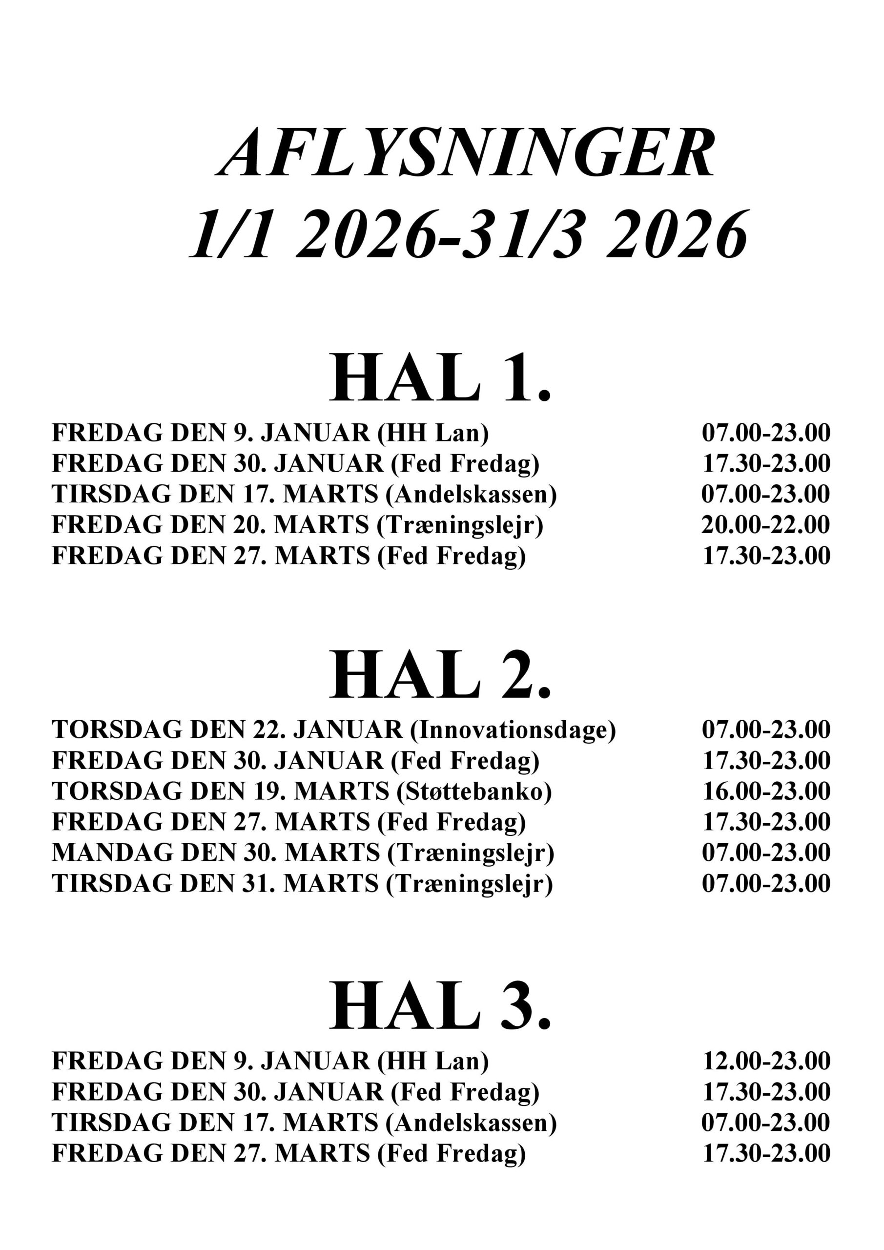 Helle Hallen aflysninger 2025